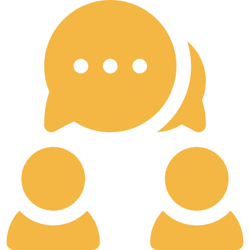 Gul symbol, två personer med pratbubbla ovanför huvudet i samtal med varandra.