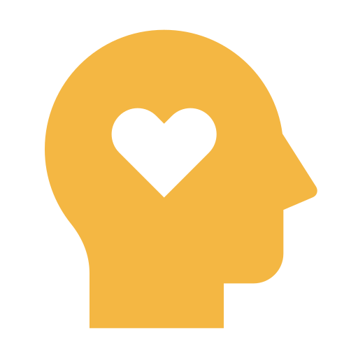 Gul symbol, ett ansikte i profil med ett hjärta i tanken/huvudet.