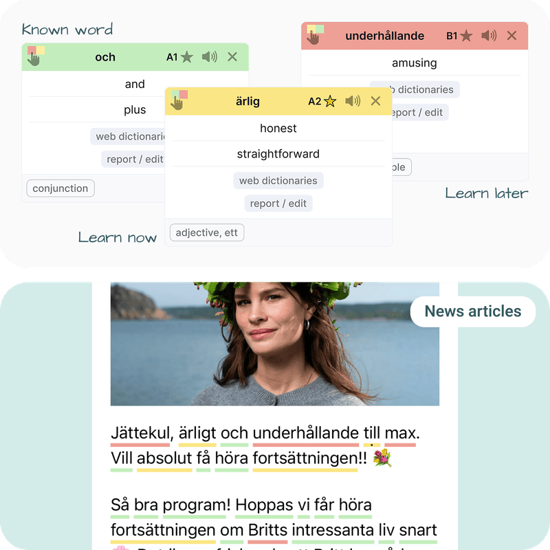 Bild från digitalt svenskundervisningsmaterial, med olika svenska ord som "och", "underhållande", "ärlig" och alternativ på översättningar på engelska. Där finns också längre meningar från artiklar, så som "Jättekul, ärligt och underhållande till max. Vill absolut få höra fortsättningen!"